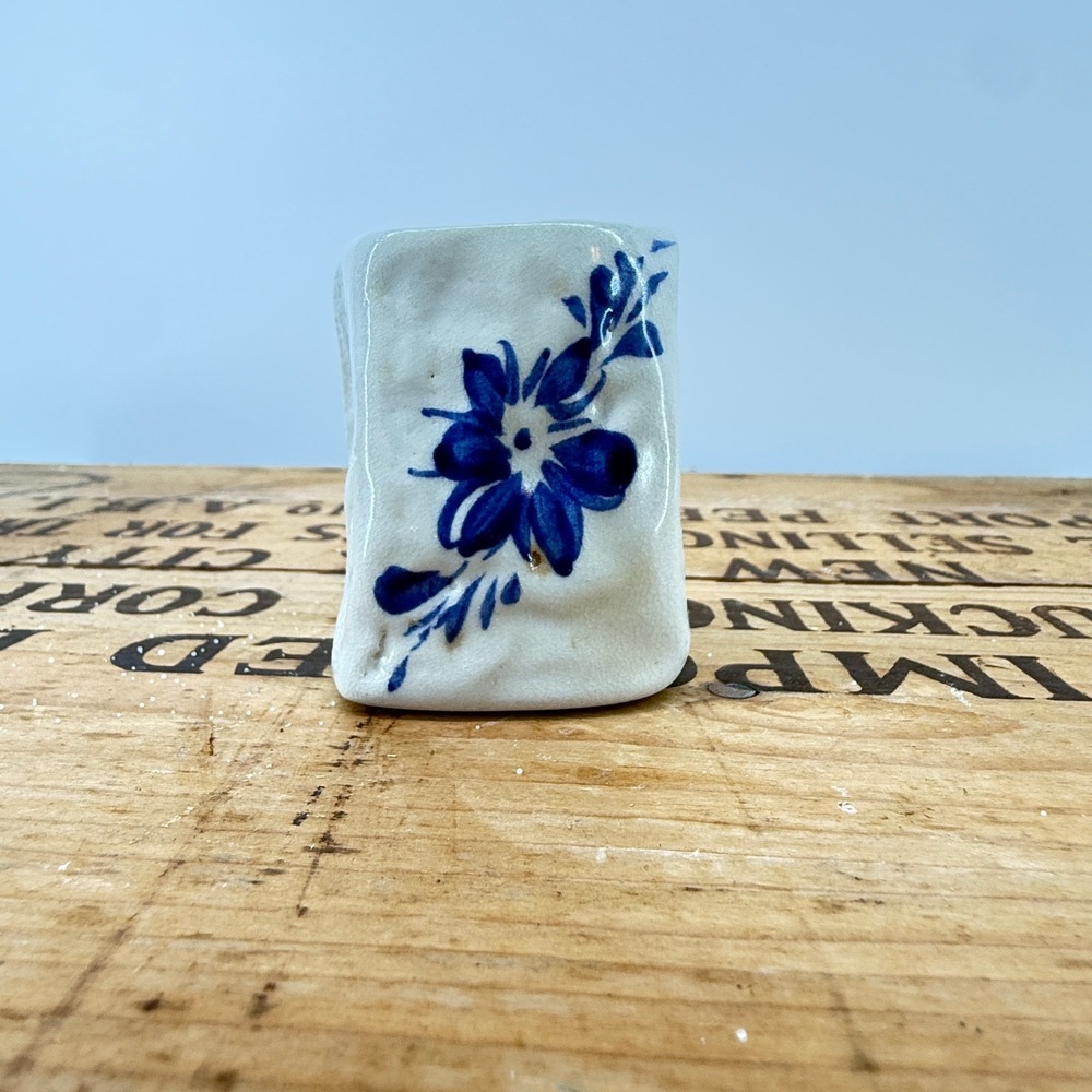 Ceramic Toothpick Pottery Holder Small White Blue Floral Hand Painted 2" Height